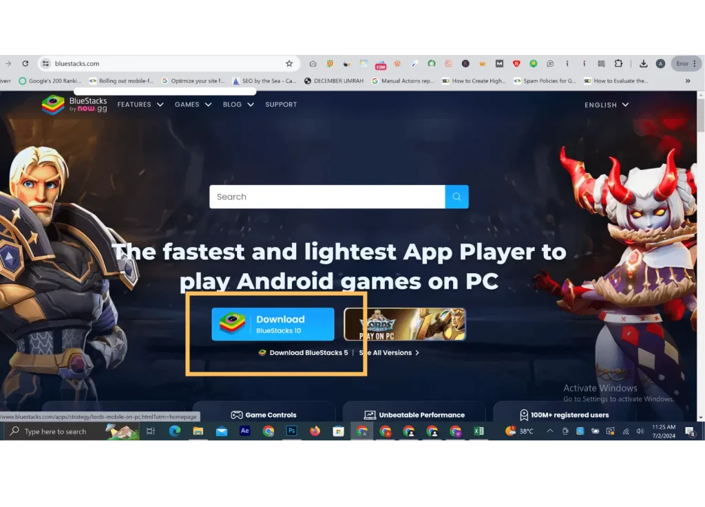 abra o site oficial do BlueStacks e faça o download